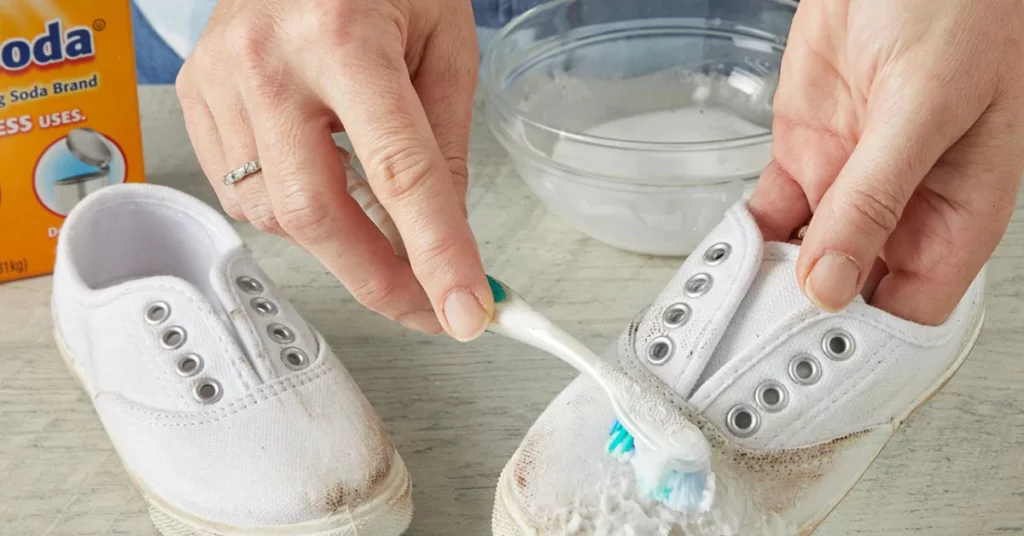 Using hydrogen peroxide and baking soda to remove yellow stains from shoes